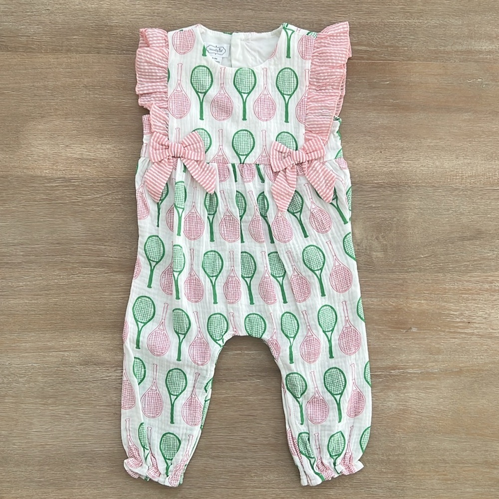 Mudpie Baby Girl Cotton Tennis Seersucker Romper Longall 6-9 months - Picture 5 of 6